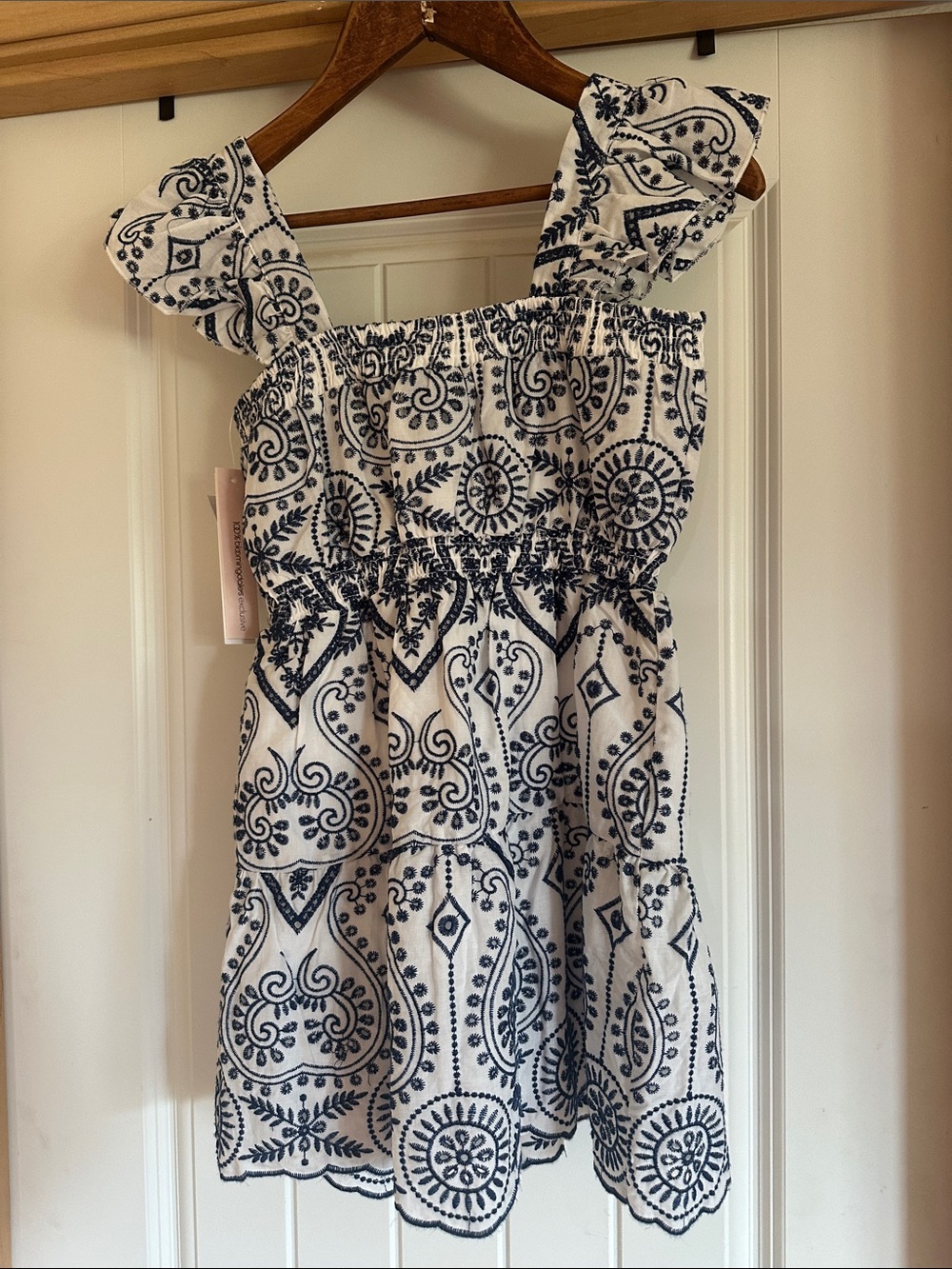 Aqua White Dress with Navy Paisley Embroidery and Ruffle Straps